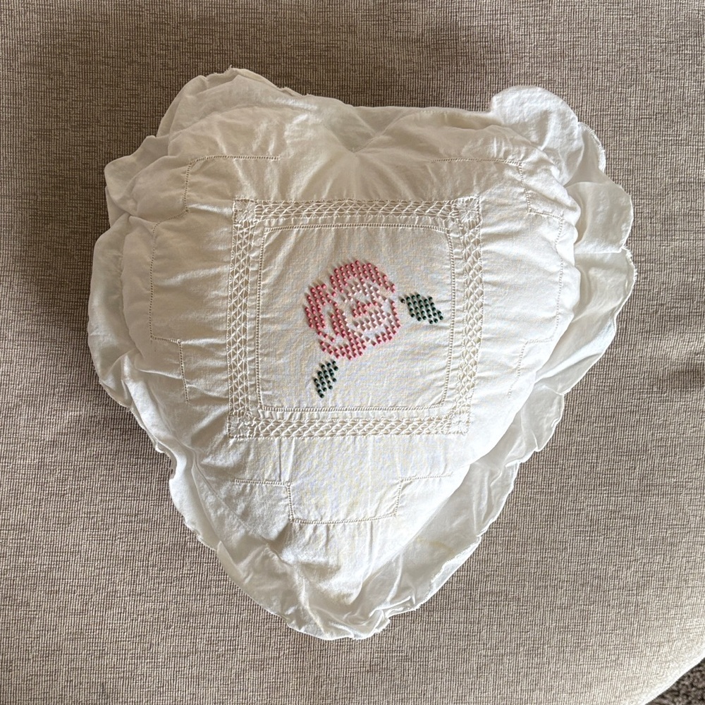 Heart-Shaped White Pillow with Pink Rose Embroidery